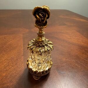 Vintage Ormolu Perfume Bottle Rose on Glass Long Dauber Hollywood Regency Vanity